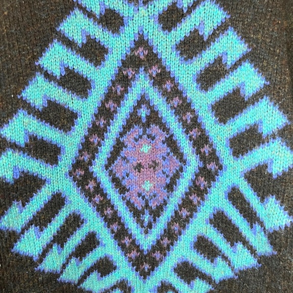 Vintage Concrete Mix Turquoise Aztec Pattern Acrylic Textured Mock Neck Sweater - Picture 3 of 8